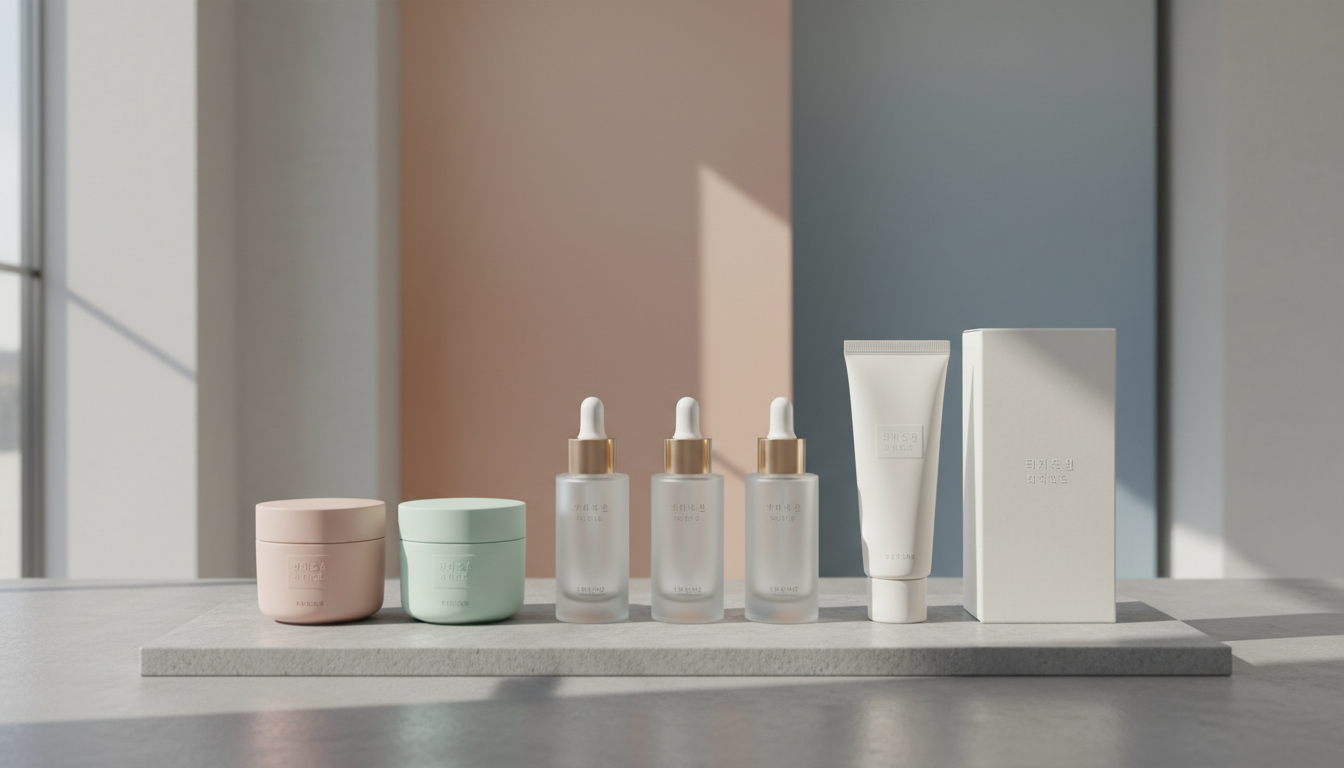 A selection of elegant Korean skincare products, including frosted glass serum bottles, matte pastel cream jars, and minimalistic, soft white packaging, arranged neatly atop a smooth, grey stone slab. The setting is an uncluttered, modern retail space with subtle, muted color gradients on the walls and a gentle, refined ambiance. Diffused daylight filters in from the side, casting soft, natural highlights and gentle shadows around the products. The overall mood is calm, sophisticated, and inviting, with a focus on elevated minimalism. Shot from a slightly elevated, centered perspective with sharp focus, the composition is meticulously balanced and reflects photographic realism with a minimalist aesthetic, perfectly matching the brand’s refined identity.