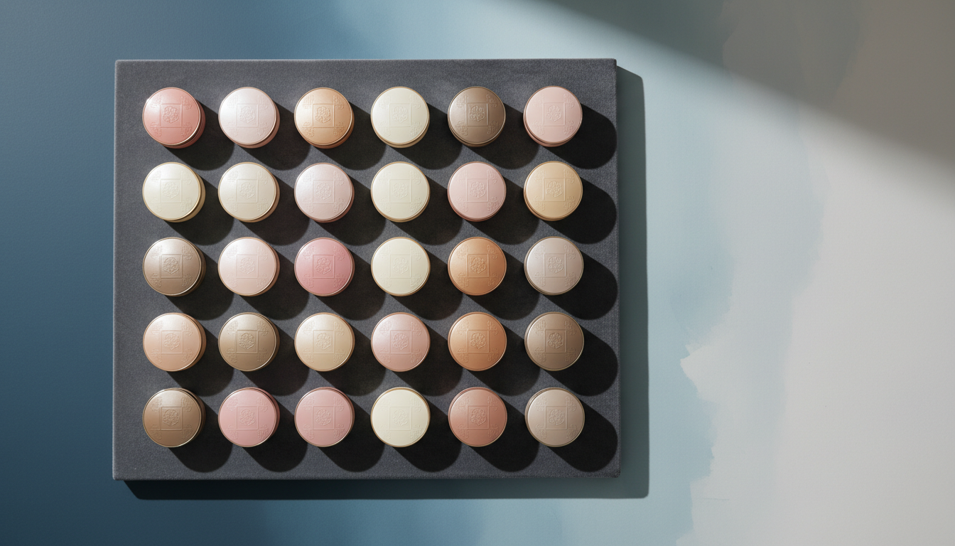 A perfectly organized display of elegant Korean cosmetic compacts in soft pink, ivory, and taupe tones, laid out on a velvet-textured, muted charcoal display board. The backdrop is a minimalist wall painted in subtle, watercolor-like gradients of slate and ivory. Soft, indirect studio lighting envelops the scene, resulting in gentle highlights along the edges of each compact and subtle, elongated shadows. The atmosphere is refined and minimalist with a hint of luxurious exclusivity. Composed from a top-down, slightly off-center angle, the image maintains photographic realism with a sophisticated, clean aesthetic that echoes the brand’s personality.