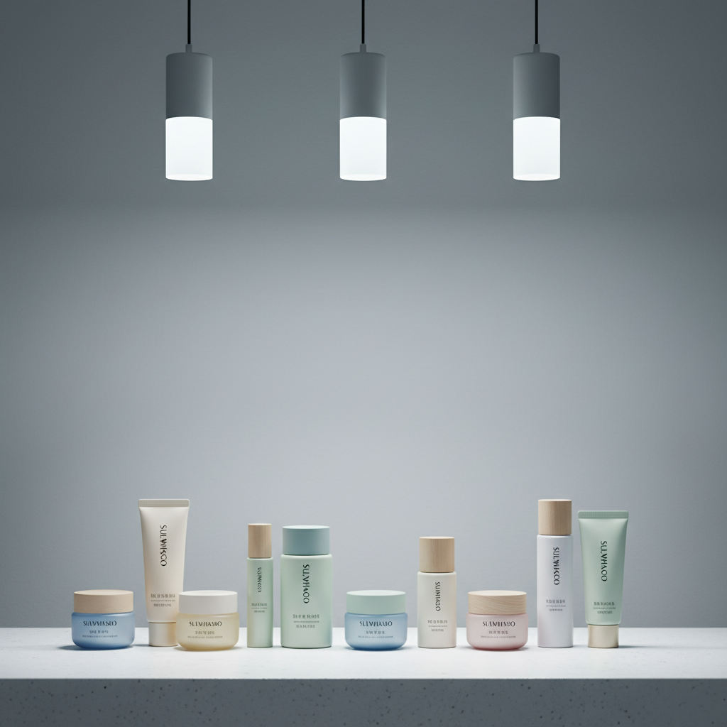An array of refined Korean cosmetic jars and tubes in frosted glass and matte finishes, arranged on a minimalist countertop made of white polished concrete. The setting includes a background wall in cool greys with a gentle, subtle gradient, reinforcing an elegant and upscale vibe. Overhead, cool white pendant lighting creates soft, even illumination with delicate shadowing beneath each item, enhancing the sense of depth. The mood is modern and sophisticated, exuding quiet confidence and refined taste. Captured at eye level using the rule of thirds for composition, the image achieves photographic realism while emphasizing minimalist, refined visual details.