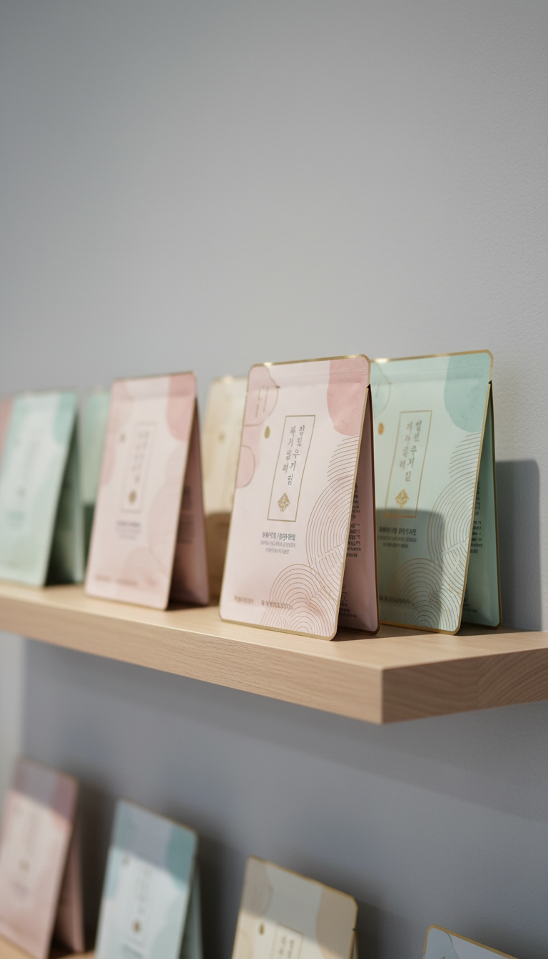 A close-up of a sleek, minimalist shelf displaying a variety of Korean sheet masks in tastefully designed, soft-toned packaging. The shelf is made of smooth light-ash wood and set against a background of pale grey with subtle gradient transitions. The lighting is soft and diffused, emanating from above and gently highlighting the subtle textures of both the packaging and materials. The composition uses a shallow depth of field, leaving the foreground product in sharp focus while softly blurring the background, imparting an air of quiet luxury and focus. The mood is serene, sophisticated, and quietly opulent, rendered in photographic realism with a muted, elegant palette.
