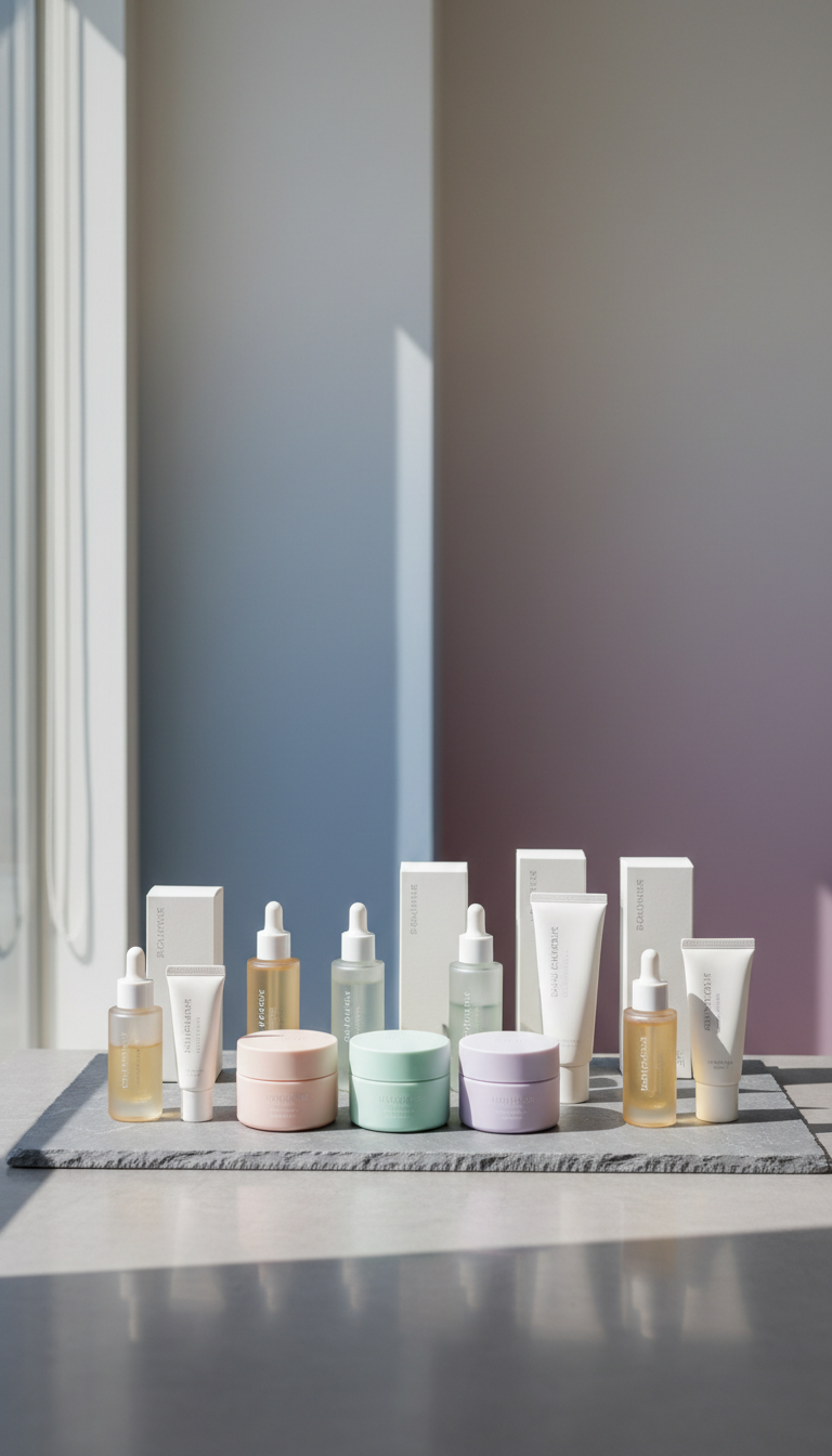 A selection of elegant Korean skincare products, including frosted glass serum bottles, matte pastel cream jars, and minimalistic, soft white packaging, arranged neatly atop a smooth, grey stone slab. The setting is an uncluttered, modern retail space with subtle, muted color gradients on the walls and a gentle, refined ambiance. Diffused daylight filters in from the side, casting soft, natural highlights and gentle shadows around the products. The overall mood is calm, sophisticated, and inviting, with a focus on elevated minimalism. Shot from a slightly elevated, centered perspective with sharp focus, the composition is meticulously balanced and reflects photographic realism with a minimalist aesthetic, perfectly matching the brand’s refined identity.