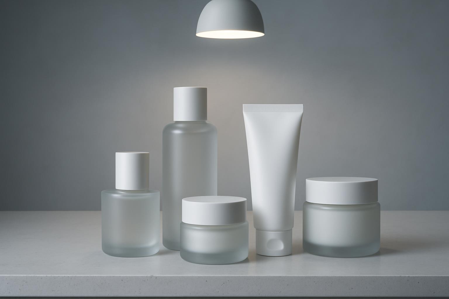 An array of refined Korean cosmetic jars and tubes in frosted glass and matte finishes, arranged on a minimalist countertop made of white polished concrete. The setting includes a background wall in cool greys with a gentle, subtle gradient, reinforcing an elegant and upscale vibe. Overhead, cool white pendant lighting creates soft, even illumination with delicate shadowing beneath each item, enhancing the sense of depth. The mood is modern and sophisticated, exuding quiet confidence and refined taste. Captured at eye level using the rule of thirds for composition, the image achieves photographic realism while emphasizing minimalist, refined visual details.